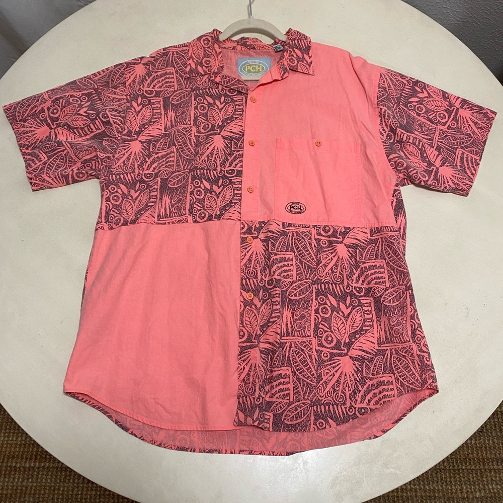 VINTAGE 80's 90's Pacific Coast Highway Pink Button Up Shirt Neon Tribal Surf L